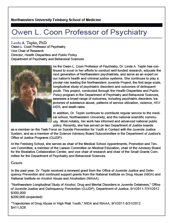 Dr. Linda A Teplin Resume